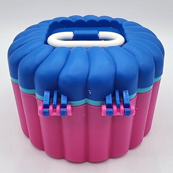 Round Plastic Multi-Colored Jewelry Makeup Case Organizer, Carry Handle, Mirror - Picture 7 of 12